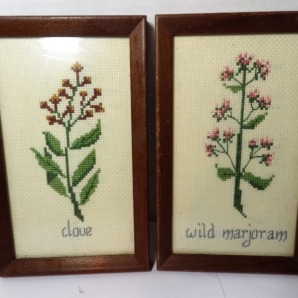 Two Small Vintage Framed Cross Stitch Clove & Wild Marjoram Kitchen Nook