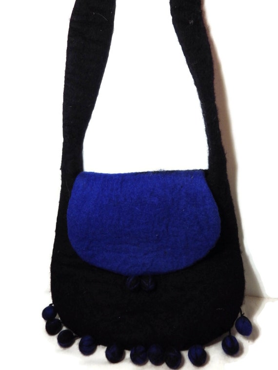 Vintage Felted Wool Shoulder Bag Royal Blue & Blac