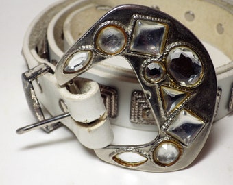 1980s Vintage Neiman Marcus Belt White Leather Faceted Stone Silver Tone Buckle MEDIUM