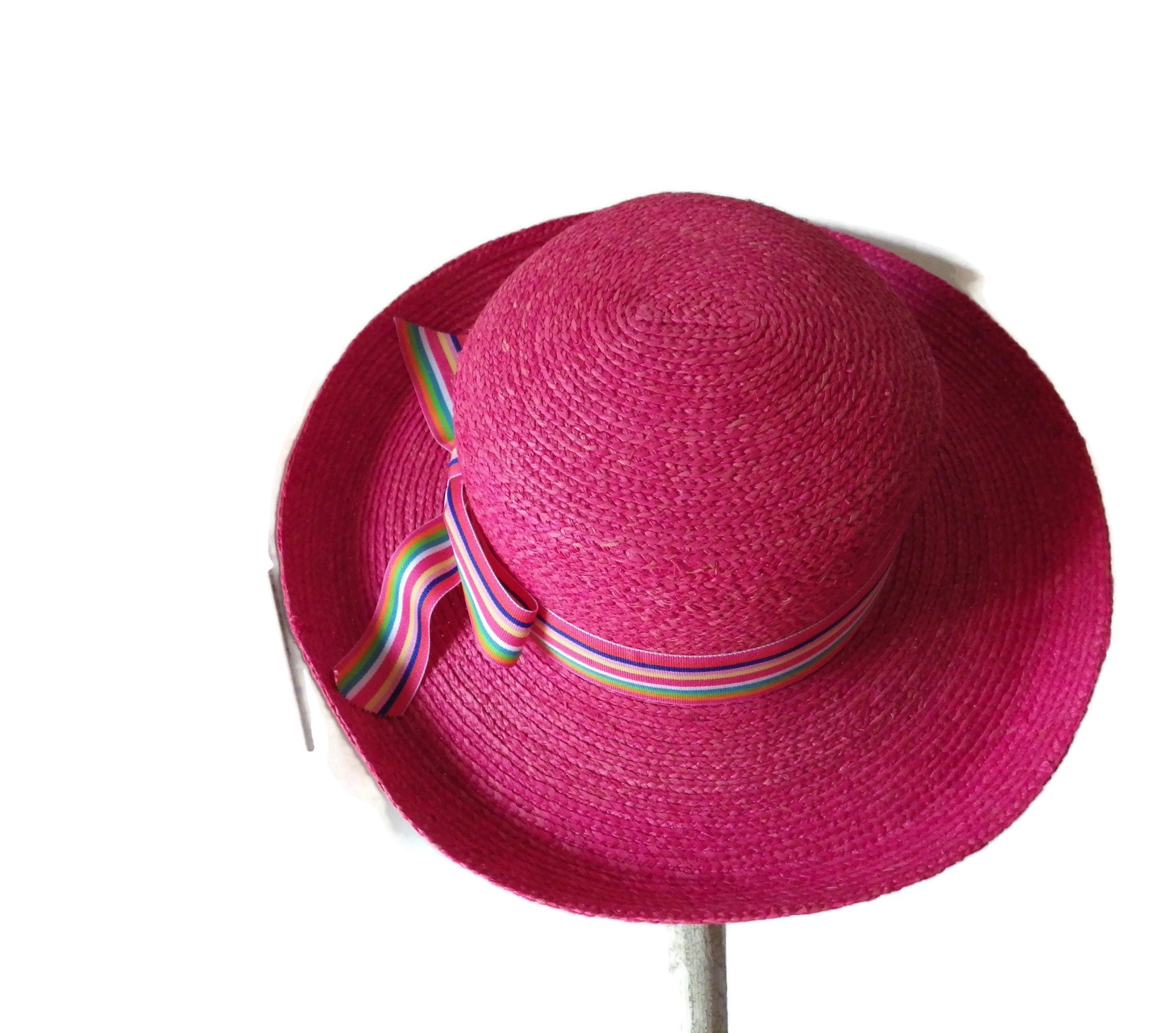 Pink Straw Hat/ Wide Brim/ Banash Boston/ Pink-navy-green 