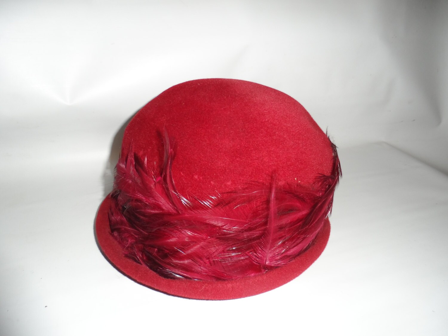 Vtg 50s Rockabilly Feather Band Wide Brim Felt Wool Velour Hat Red Womens 23\