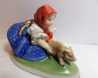 1960s Vintage Herend Hungary Porcelain Peasant Girl with Pig Figurine 551G G2000