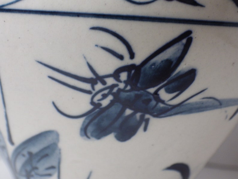 1980s Vintage Hand Painted Asian Vase Pottery Dragonfly Blue on White