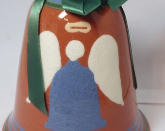 1997 Redware Angel Bell Christmas Slip Painted Wheel-Thrown Studio Pottery Signed HRL