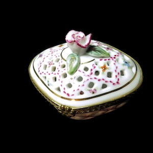Vintage Trinket Hinged Box Pierced White Porcelain Pink Rose