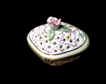 Vintage Trinket Hinged Box Pierced White Porcelain Pink Rose