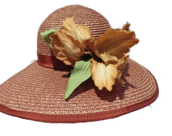 1980s Vintage BETMAR Brown Straw Hat Wide Brim Silk Iris Flower Union Made USA