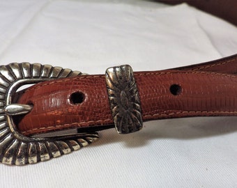 1990 Vintage Brown Lizard grano Canterbury Cintura in pelle Ornate Silver Buckle