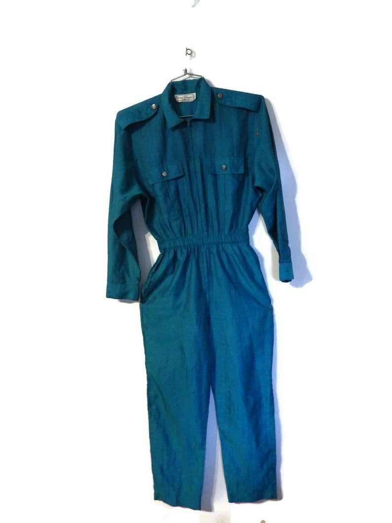 1970s Vintage Jumpsuit Saint Germain Paris Front Zip Epaulets Jade Green Pockets Size image 1