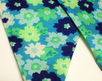 1970s Vintage Silk Belt Sash Headband Blues Greens Floral Hippie Boho Mod