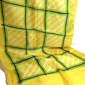 Vintage Scarf/ Rectangular/ Yellow/ Green/ White/ Black/ Window Pane Print/ 14&quot; X 62&quot;