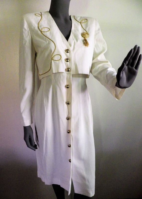 1980s Vintage PJ KLEIN Dress White Gold Braid Shou