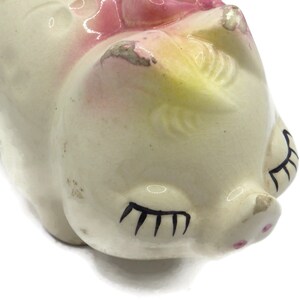 Vintage Shawnee Smiley Piggy Bank/ Pink Ribbon/ Incised Shamrocks