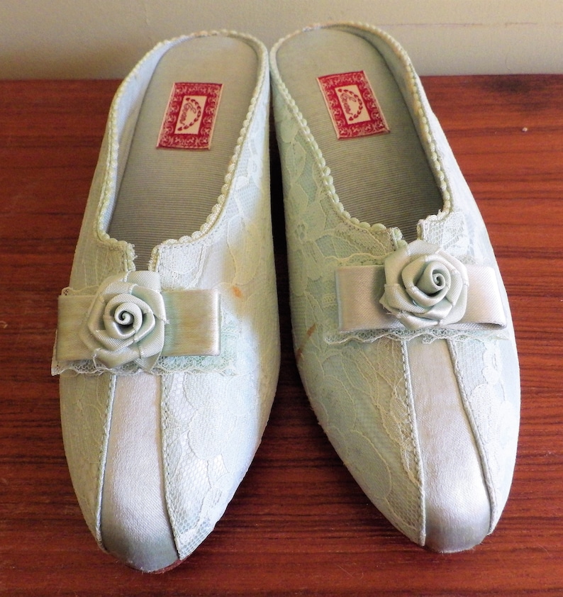 1970s Vintage Evans Slippers Slides Mules Mint Green Lace Rosette ...