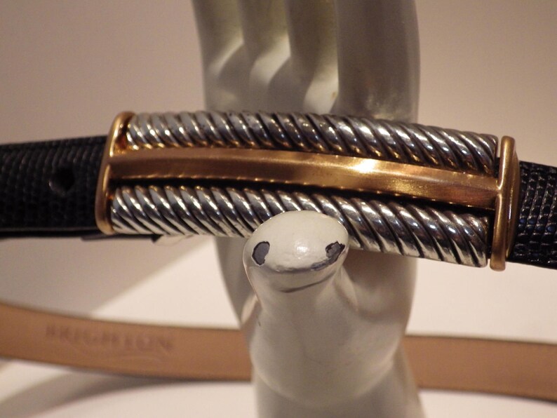 1990s Vintage Brighton Belt Gold Silver Buckle Black Lizard Size Medium 30