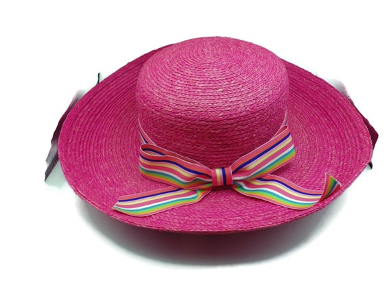 Pink Straw Hat/ Wide Brim/ Banash Boston/ Pink-navy-green 