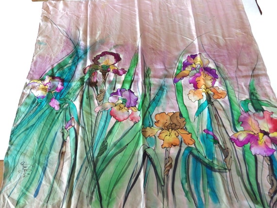 Gorgeous Hand Painted Silk Scarf/ Irises/ Signed/… - image 1