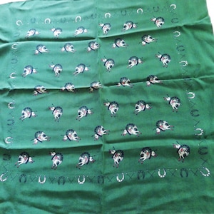 Vintage Scarf Square / Equestrian Theme/ Horse/ Rider/ Horseshoe/ Dark Green/ 20&quot; X 20&quot;