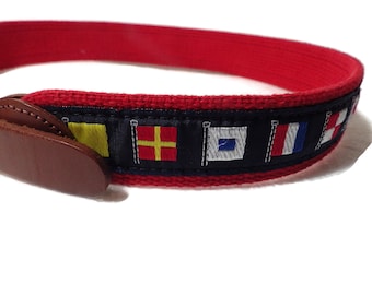 1990s Vintage Belt Leather Man Ltd Embroidered Nautical Flags Leather and Webbing Size SMALL 24"