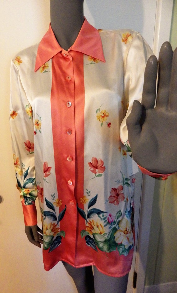 1990s Two + Two Silk Tunic Blouse Floral Button Fr