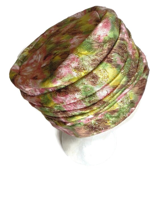 Vintage Turban-Style Pillbox Hat/Green/ Pink/ Meta