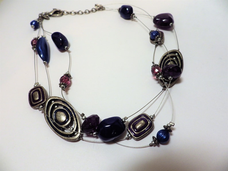 Vintage Illusion Necklace Silver Tone with Royal Blue /& Purple Beads 20