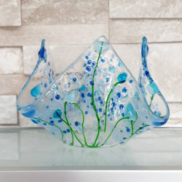 Blue Flower Fused Glass Tea Light Holder