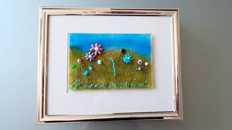 Silver Frame Glass Meadow Landscape Wall Art. Fused Glass Flower Wall Art
