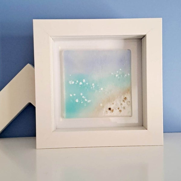 Coastal Fused Glass Mini Frame, 10cm Wall Art, Bathroom Decor, Beach Memories