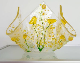 Yellow Flower Fused Glass Tea Light Holder