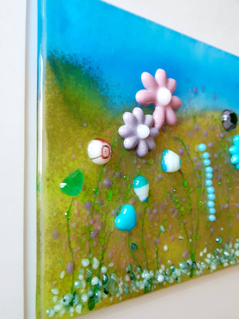 Silver Frame Glass Meadow Landscape Wall Art. Fused Glass Flower Wall Art