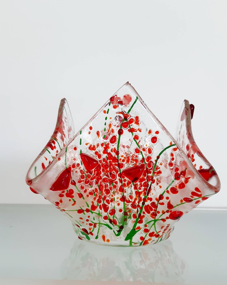 Poppy Fused Glass Tea Light Holder Etsy UK