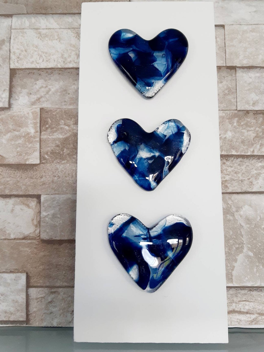 Dark Blue Fused Glass Heart Wall Art Streaky Hearts With Etsy