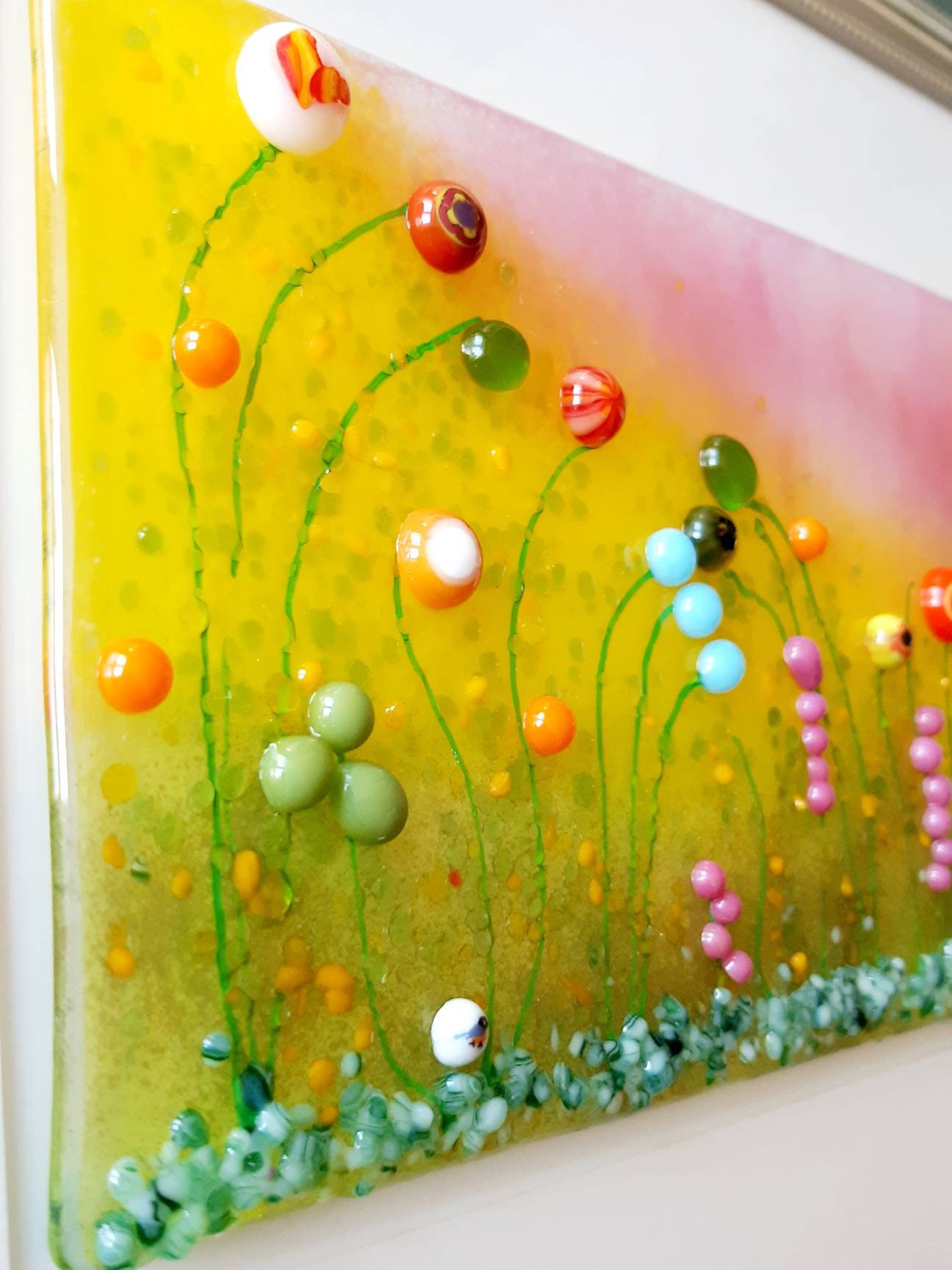 Fused Glass Flower Wall Art Silver Frame Glass Meadow Etsy