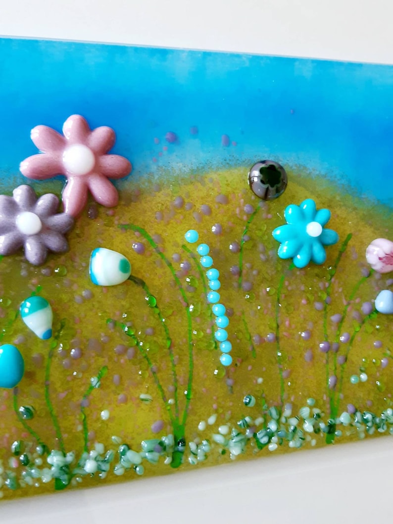 Silver Frame Glass Meadow Landscape Wall Art. Fused Glass Flower Wall Art