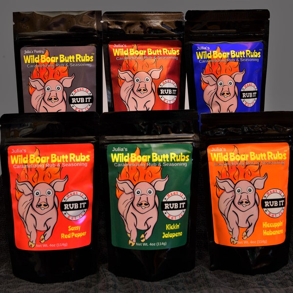 Wild Boar Dry BBQ Rub Sampler, 6 Flavors, Best Butt Rub for Grilling, Meat Seasoning, Best Food Gift