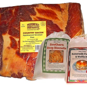 Applewood Slab Bacon with Biscuits and Pancakes, Tasteful Food Gift, Country Bacon and Eggs, Breakfast Meal Kit