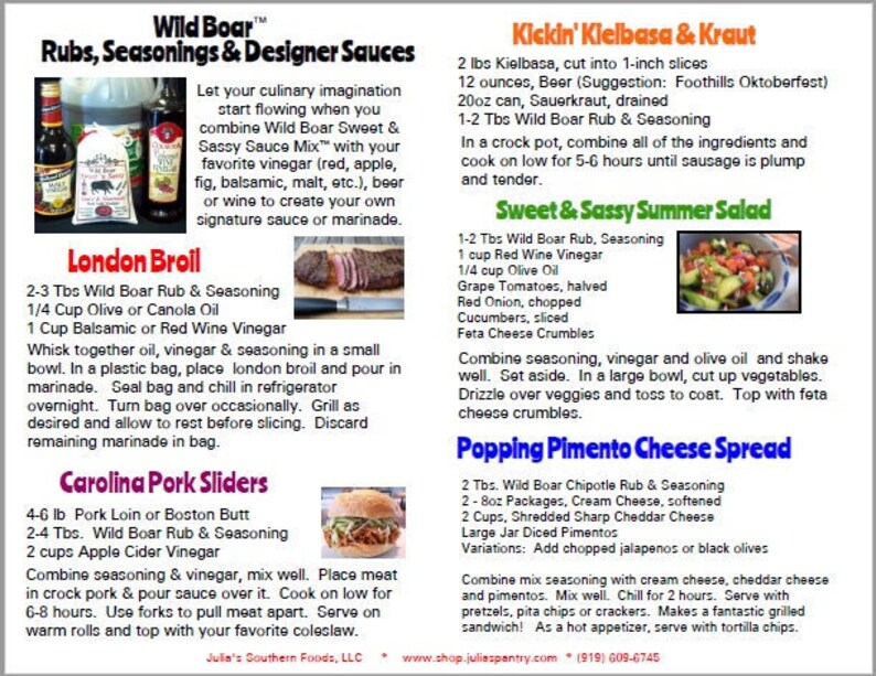 Puede incluir: Una tarjeta de receta para frotar, condimentos y salsas de dise&ntilde;o de jabal&iacute;. La tarjeta presenta cuatro recetas: London Broil, Carolina Pork Sliders, Kickin' Kielbasa & Kraut y Sweet & Sassy Summer Salad. Cada receta incluye una lista de ingredientes e instrucciones.