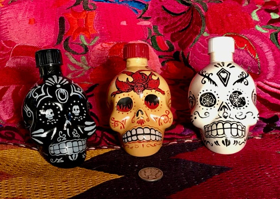 Set of 3 Empty KAH Tequila 50 ML Hand Painted Skull Head Bottles