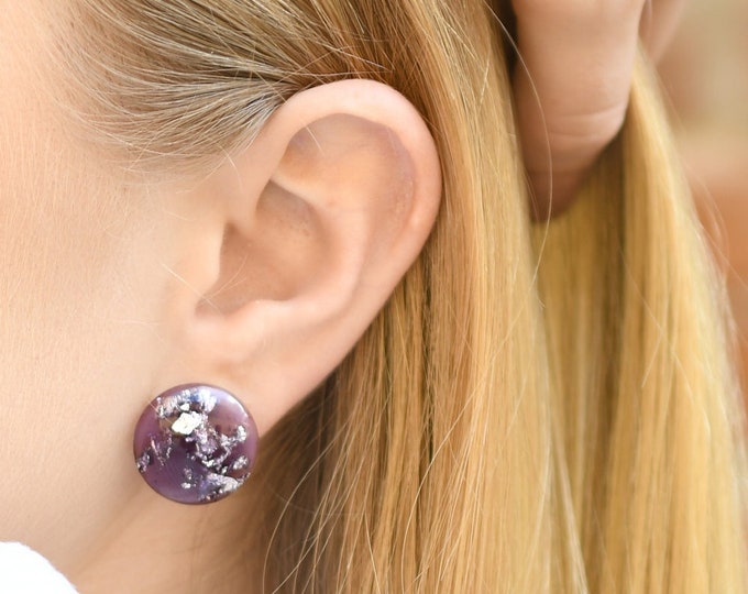 Handmade Purple Stud Earrings with Silver Leaf - Surgical Steel Posts - Resin Jewelry