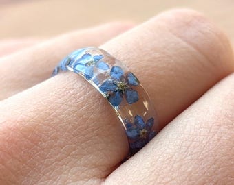 Anillo "No me olvides": anillo de resina con flor azul auténtica, regalo de amistad