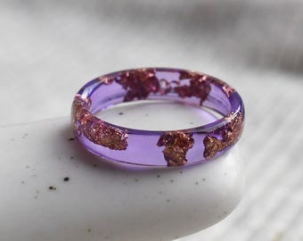 Purple Resin Ring, Rose Gold Flake Ring, Translucent Violet Ring, Minimalist Stacking Ring, Handmade Jewelry Gift for Her