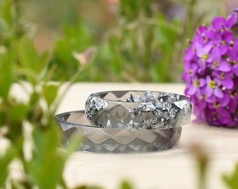 Matching Rings - Wedding Band Set - Gray Faceted Ring with Silver Flakes - Thin Faceted Band Ring - Resin Stacking Ring