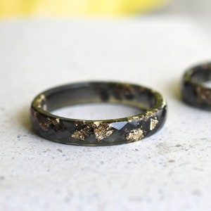 Thin Black Faceted Resin Ring With Gold Flakes - Unisex Band Ring