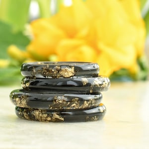 Smooth Black Resin Ring With Gold Flakes - Unisex Band Ring