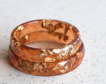 Sunstone Resin Ring With Gold Leaf - Thin Band Ring - Skinny Faceted Resin Ring