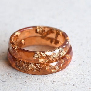 Sunstone Resin Ring With Gold Leaf - Thin Band Ring - Skinny Faceted Resin Ring
