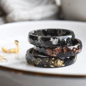Handmade Faceted Black Resin Ring: Metallic Leaf Wedding Band