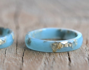 Thin Mint Resin Ring With Gold Leaf - Unisex Faceted Band Ring - Resin Jewelry