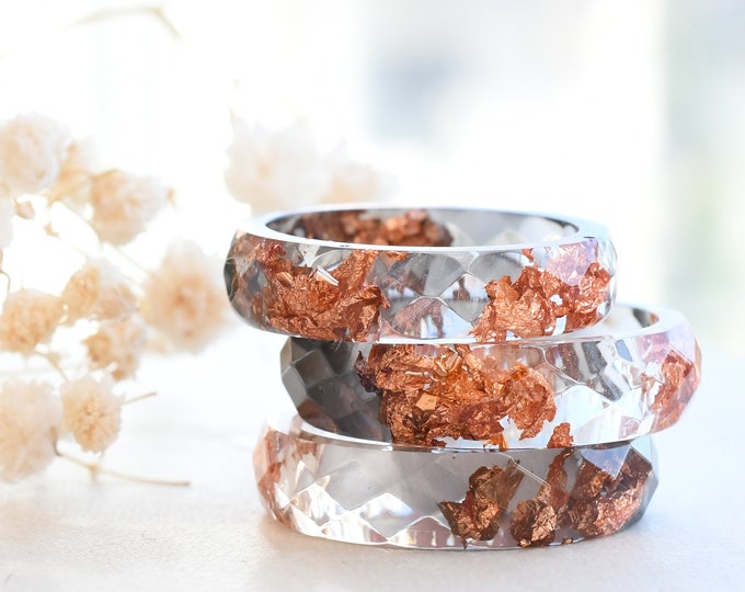 Grey and Transparent Faceted Resin Ring With Rose Gold Leaf - Alternative Engagement Rings - Men's Ring - Resin Jewelry